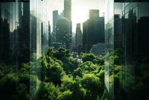 Grün Stadt, doppelt Exposition von üppig Grün Wald und modern Wolkenkratzer Fenster. generativ ai foto