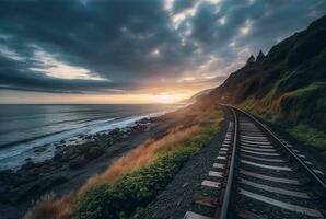 Aussicht von Eisenbahn Spuren mit Strand. generativ ai foto