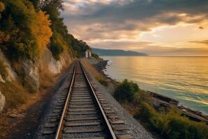 Aussicht von Eisenbahn Spuren mit Strand. generativ ai foto