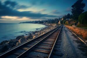 Aussicht von Eisenbahn Spuren mit Strand. generativ ai foto