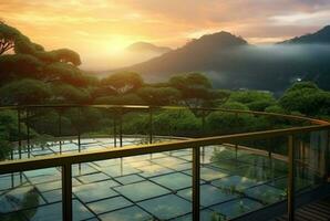 Glas Brücke Über das Tee Garten mit Sonnenuntergang Aussicht im das Abend. generativ ai foto