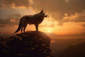 Wolf auf das Hügel mit Sonnenuntergang Aussicht im das Abend. generativ ai foto