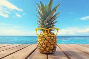 Sommer- Konzept süß Ananas Obst mit Brille auf hölzern Tabelle mit Strand Hintergrund und klar Blau Himmel. generativ ai foto