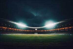 Stadion im Beleuchtung beim Nacht. glänzend Beleuchtung, Aussicht von Feld. generativ ai foto