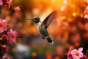 summend Vogel schweben Über bunt, Pollen gefüllt Blumen. generativ ai foto