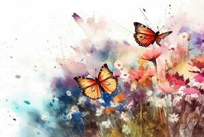 schön Schmetterling mit Blumen, Aquarell Zeichnung. generativ ai foto