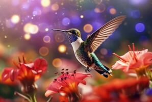 summend Vogel schweben Über bunt, Pollen gefüllt Blumen. generativ ai foto