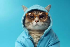 süß Katze tragen Jacke und Brille isoliert auf Blau Hintergrund. generativ ai foto