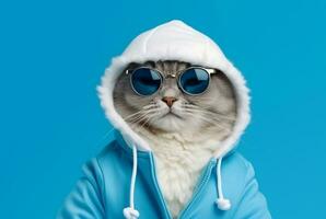süß Katze tragen Jacke und Brille isoliert auf Blau Hintergrund. generativ ai foto