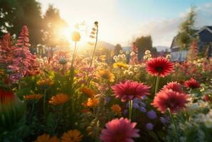 Blume Garten mit schön Sonnenaufgang im das Morgen. generativ ai foto