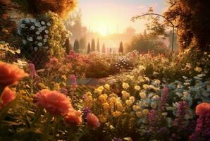 Blume Garten mit schön Sonnenaufgang im das Morgen. generativ ai foto