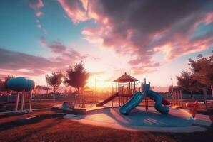 Kinder- Erholung Park mit schön Sonnenaufgang im das Morgen. generativ ai foto