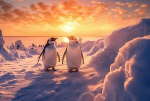 Pinguine spielen im das Schnee mit das Schönheit von das Sonnenuntergang. generativ ai foto