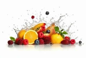 sortiert frisch Früchte mit Wasser spritzt isoliert auf Weiß Hintergrund. generativ ai foto