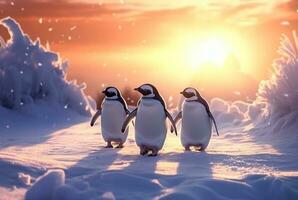 Pinguine spielen im das Schnee mit das Schönheit von das Sonnenuntergang. generativ ai foto