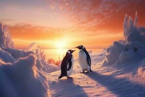 Pinguine spielen im das Schnee mit das Schönheit von das Sonnenuntergang. generativ ai foto