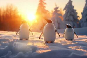 Pinguine spielen im das Schnee mit das Schönheit von das Sonnenuntergang. generativ ai foto