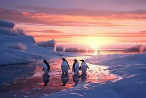 Pinguine spielen im das Schnee mit das Schönheit von das Sonnenuntergang. generativ ai foto