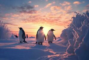 Pinguine spielen im das Schnee mit das Schönheit von das Sonnenuntergang. generativ ai foto