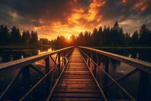 hölzern Brücke Über das See mit schön Sonnenuntergang. generativ ai foto