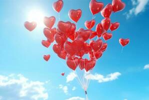 rot Liebe Luftballons im das Luft gegen ein Blau Himmel. generativ ai foto