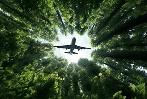 Aussicht von ein Flugzeug im das Mitte von ein Baum gesehen von unter. generativ ai foto