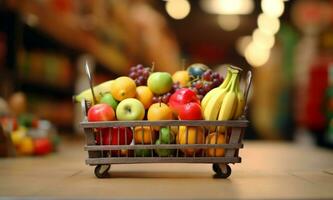 Miniatur Einkaufen Wagen mit Räder gefüllt mit frisch Früchte auf hölzern Tabelle mit verschwommen Hintergrund im Supermarkt. generativ ai foto