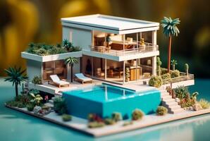 Miniatur Luxus Haus mit Schwimmen Schwimmbad. generativ ai foto