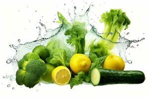frisch Grün Gemüse mit Wasser spritzt isoliert auf Weiß Hintergrund. generativ ai foto