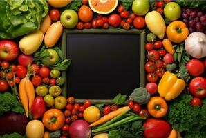 oben Aussicht von leeren Rahmen inmitten frisch Gemüse und Früchte. generativ ai foto