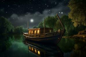 hölzern Boot auf das Fluss mit das Schönheit von das Nacht Himmel. ai generativ foto