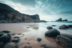 schön Meer Ansichten mit entspannend und sanft Felsen und Wellen. lange Exposition Fotografie. generativ ai foto