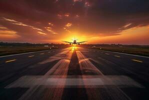 Flugzeug beim das Flughafen beim Sonnenuntergang. generativ ai foto