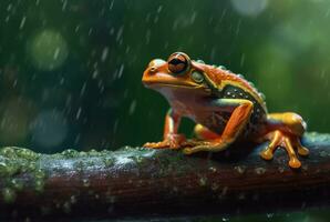 javanisch Baum Frosch Sitzung auf ein Ast mit schön verschwommen Hintergrund und Regentropfen. generativ ai foto