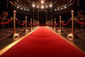 rot Teppich Flur mit Barrieren und rot Seile zum Kino und Mode Auszeichnungen, ein Zeremonie zum Prominente Personen. generativ ai foto