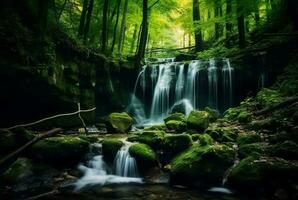 schön Wasserfall im das Grün Wald. generativ ai foto