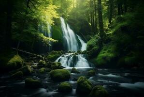 schön Wasserfall im das Grün Wald. generativ ai foto