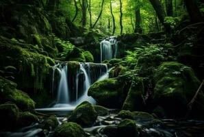 schön Wasserfall im das Grün Wald. generativ ai foto