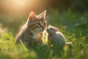 süß Katze mit süß Hase spielen auf das Grün Gras von das Garten mit verschwommen Hintergrund und Sonnenlicht. generativ ai foto