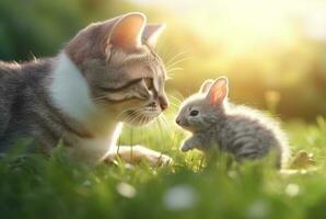 süß Katze mit süß Hase spielen auf das Grün Gras von das Garten mit verschwommen Hintergrund und Sonnenlicht. generativ ai foto