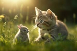 süß Katze mit süß Hase spielen auf das Grün Gras von das Garten mit verschwommen Hintergrund und Sonnenlicht. generativ ai foto