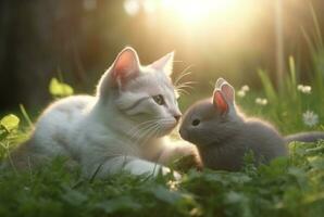 süß Katze mit süß Hase spielen auf das Grün Gras von das Garten mit verschwommen Hintergrund und Sonnenlicht. generativ ai foto
