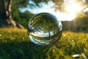 das Glas Ball auf das Grün Gras reflektiert Natur Landschaft. generativ ai foto