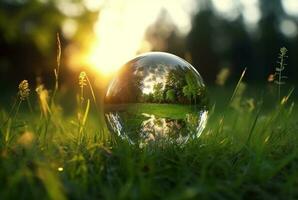 das Glas Ball auf das Grün Gras reflektiert Natur Landschaft. generativ ai foto