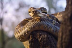 Nahansicht von Python auf Baum mit verschwommen Hintergrund. generativ ai foto