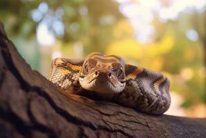 Nahansicht von Python auf Baum mit verschwommen Hintergrund. generativ ai foto