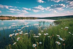 schön See Aussicht mit Blumen und Grün Gras. generativ ai foto