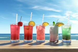 sortiert Sommer- Cocktails auf ein hölzern Tabelle mit ein schön Strand Einstellung. generativ ai foto