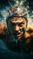 energisch Schuss von ein Schwimmer Rennen durch das Wasser mögen ein torpediert foto