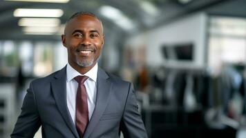 zuversichtlich und stilvoll afrikanisch amerikanisch Geschäftsmann das korporativ sehen, ai generativ foto